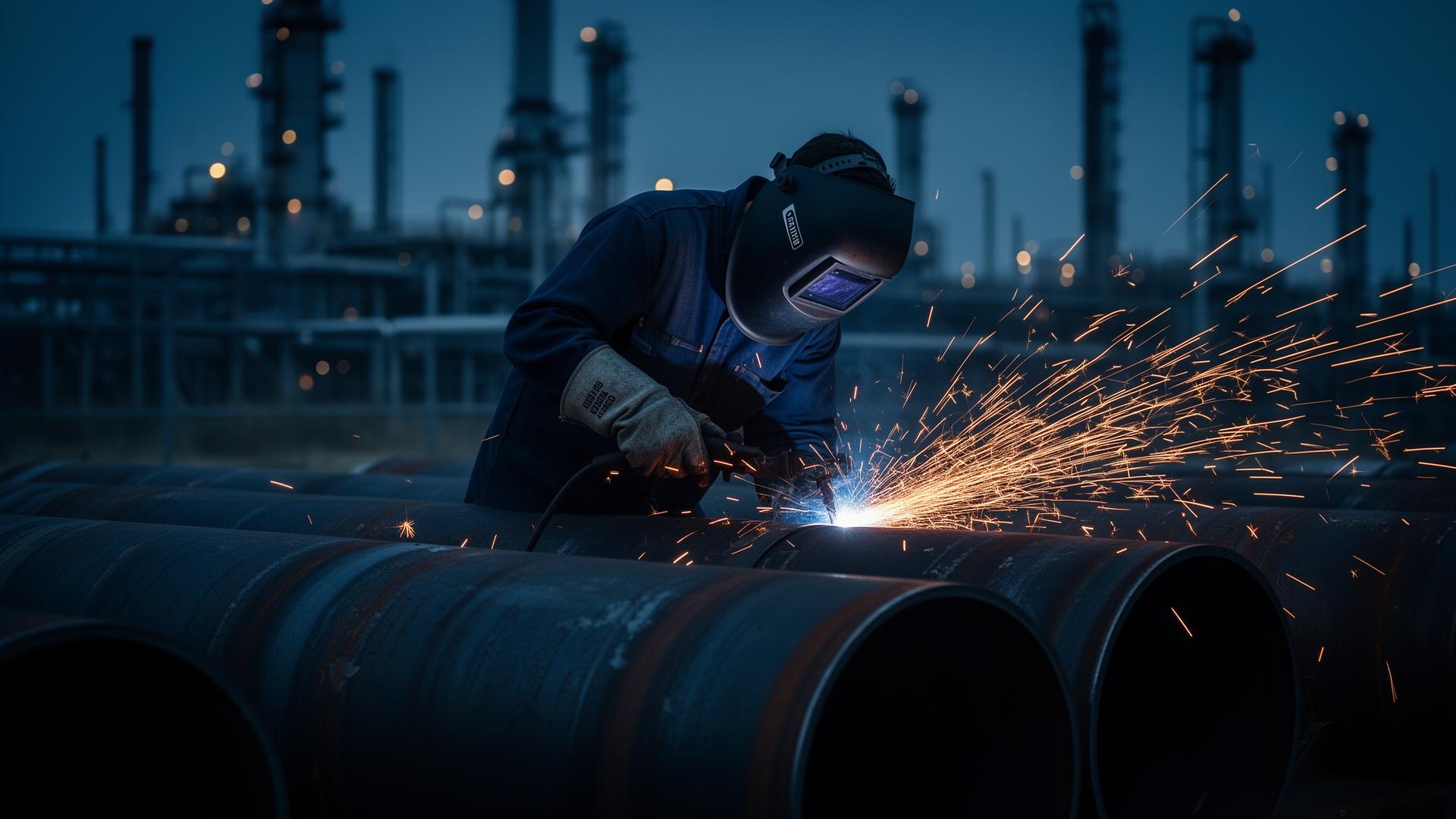 Certified welder working on industrial piping at a refinery